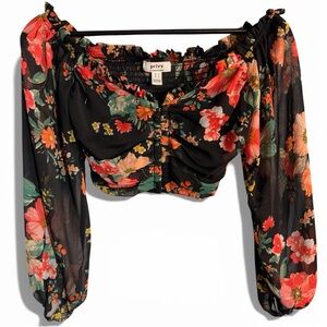 Privy Floral Off-The-Shoulder Ruched Crop Top - Black - Small
